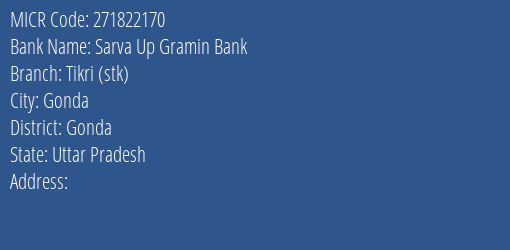 Sarva Up Gramin Bank Tikri Stk Branch Address Details and MICR Code 271822170