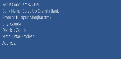 Sarva Up Gramin Bank Tulsipur Manjha Stm Branch Address Details and MICR Code 271822199
