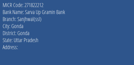 Sarva Up Gramin Bank Sanjhwal Ssl Branch Address Details and MICR Code 271822212