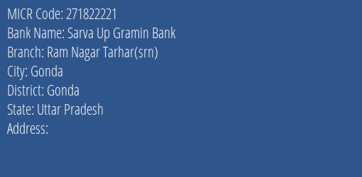 Sarva Up Gramin Bank Ram Nagar Tarhar Srn Branch Address Details and MICR Code 271822221