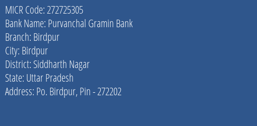 Purvanchal Gramin Bank Birdpur MICR Code