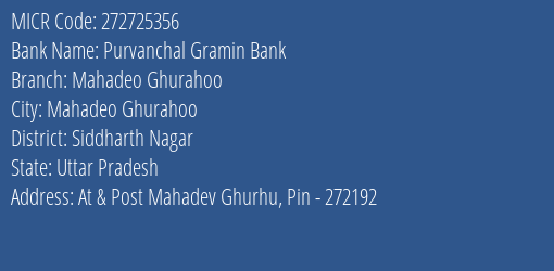 Purvanchal Gramin Bank Mahadeo Ghurahoo MICR Code