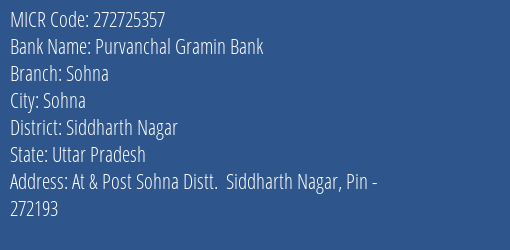 Purvanchal Gramin Bank Sohna MICR Code