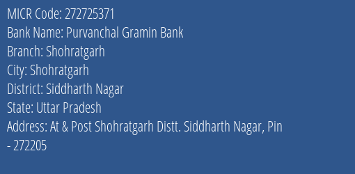 Purvanchal Gramin Bank Shohratgarh MICR Code