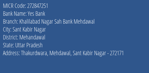 Khalilabad Nagar Sahakari Bank Mehdawal MICR Code