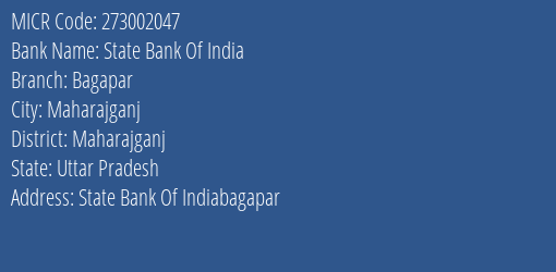 State Bank Of India Bagapar Branch Address Details and MICR Code 273002047