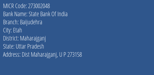 State Bank Of India Baijudehra Branch Address Details and MICR Code 273002048
