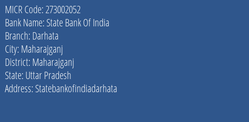 State Bank Of India Darhata Branch Address Details and MICR Code 273002052