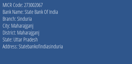 State Bank Of India Sinduria Branch Address Details and MICR Code 273002067