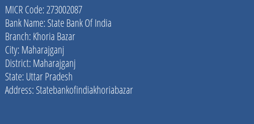 State Bank Of India Khoria Bazar Branch Address Details and MICR Code 273002087