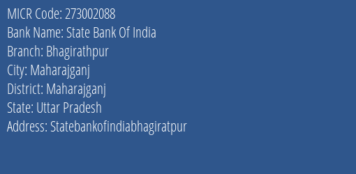 State Bank Of India Bhagirathpur Branch Address Details and MICR Code 273002088