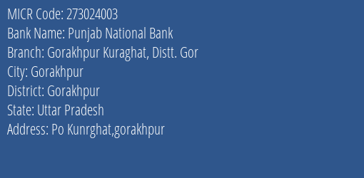 Punjab National Bank Gorakhpur Kuraghat Distt. Gor Branch Address Details and MICR Code 273024003