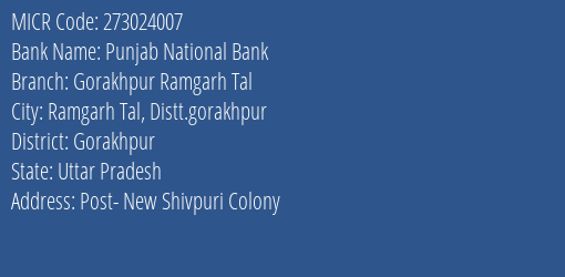 Punjab National Bank Gorakhpur Ramgarh Tal Branch Address Details and MICR Code 273024007