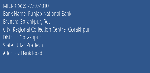 Punjab National Bank Gorahkpur Rcc Branch Address Details and MICR Code 273024010