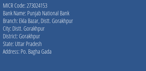 Punjab National Bank Ekla Bazar Distt. Gorakhpur Branch Address Details and MICR Code 273024153