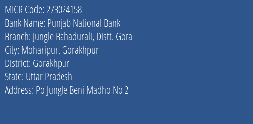 Punjab National Bank Jungle Bahadurali Distt. Gora Branch Address Details and MICR Code 273024158