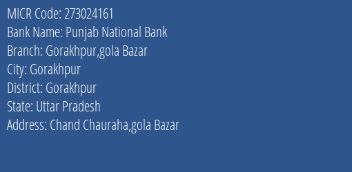 Punjab National Bank Gorakhpur Gola Bazar Branch Address Details and MICR Code 273024161