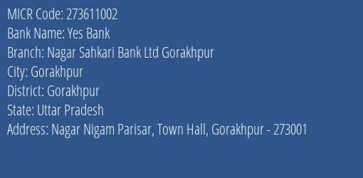 Nagar Sahkari Bank Ltd Gorakhpur MICR Code