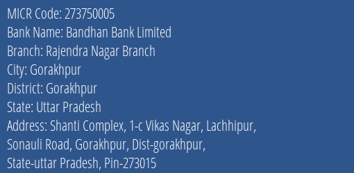 Bandhan Bank Limited Rajendra Nagar Branch MICR Code