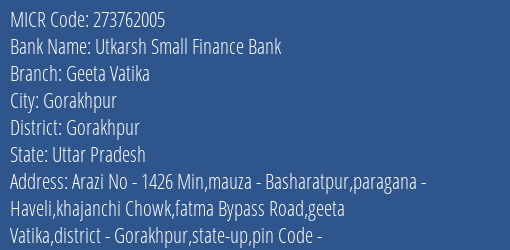 Utkarsh Small Finance Bank Geeta Vatika Branch Address Details and MICR Code 273762005
