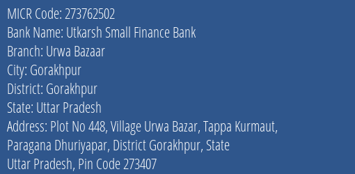 Utkarsh Small Finance Bank Urwa Bazaar Branch Address Details and MICR Code 273762502