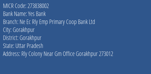 Ne Ec Rly Emp Primary Coop Bank Ltd Gorakhpur MICR Code