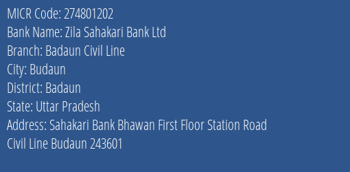 Zila Sahakari Bank Ltd Badaun Civil Line MICR Code
