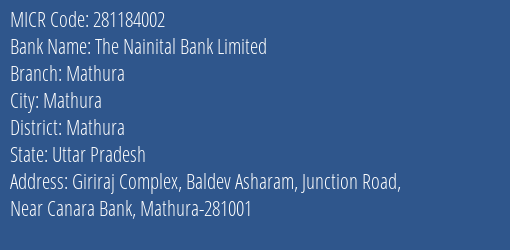 The Nainital Bank Limited Mathura MICR Code
