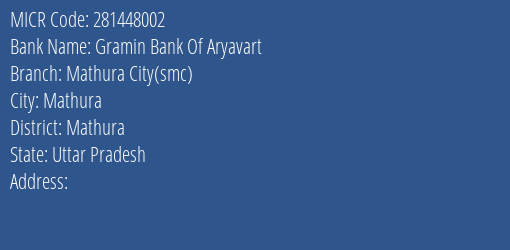 Bank Of India Mathura City Branch Address Details and MICR Code 281448002