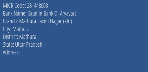Bank Of India Mathura Laxmi Nagar Branch Address Details and MICR Code 281448003