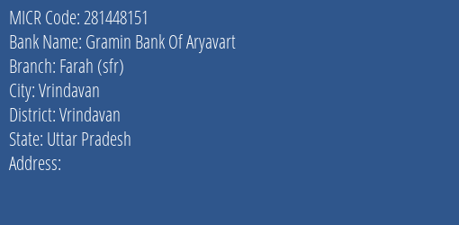 Gramin Bank Of Aryavart Farah Sfr MICR Code
