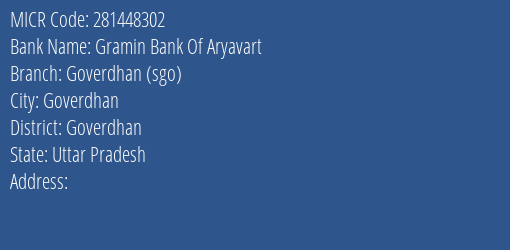 Bank Of India Goverdhan Branch Address Details and MICR Code 281448302