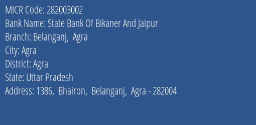 State Bank Of Bikaner And Jaipur Belanganj Agra MICR Code
