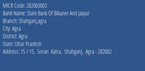 State Bank Of Bikaner And Jaipur Shahganj Agra MICR Code