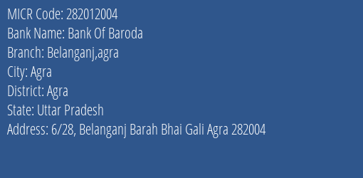 Bank Of Baroda Belanganj Agra Branch Address Details and MICR Code 282012004