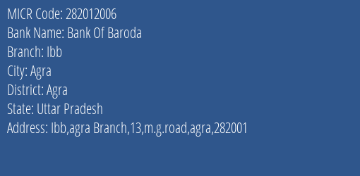 Bank Of Baroda Ibb Branch Address Details and MICR Code 282012006