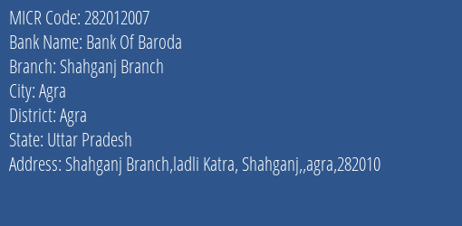 Bank Of Baroda Shahganj Branch Branch Address Details and MICR Code 282012007