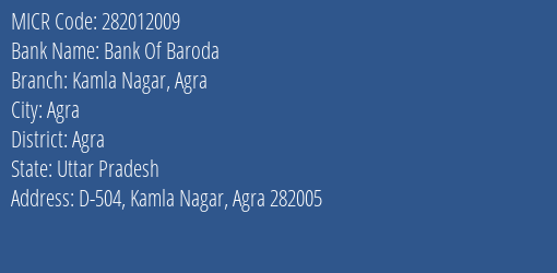 Bank Of Baroda Kamla Nagar Agra Branch Address Details and MICR Code 282012009
