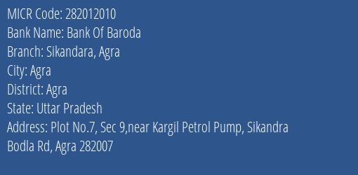 Bank Of Baroda Sikandara Agra Branch Address Details and MICR Code 282012010