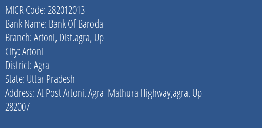 Bank Of Baroda Artoni Dist.agra Up Branch Address Details and MICR Code 282012013