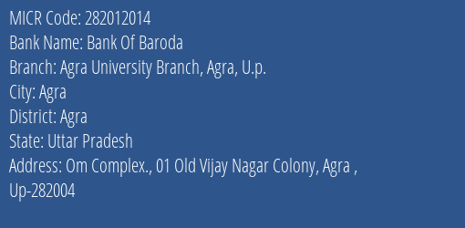 Bank Of Baroda Agra University Branch Agra U.p. Branch Address Details and MICR Code 282012014