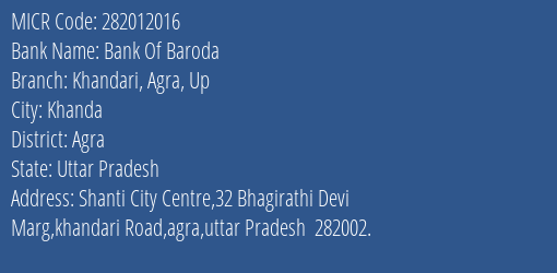 Bank Of Baroda Khandari Agra Up Branch Address Details and MICR Code 282012016