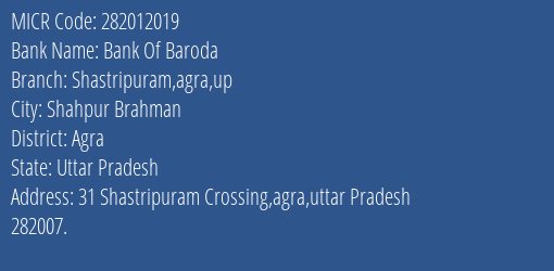 Bank Of Baroda Shastripuram Agra Up Branch Address Details and MICR Code 282012019