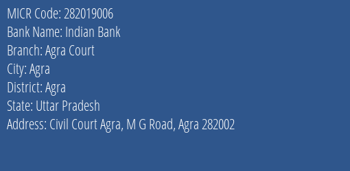 Indian Bank Agra Court MICR Code