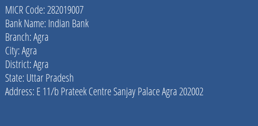 Indian Bank Agra MICR Code