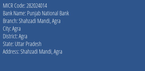 Punjab National Bank Shahzadi Mandi Agra MICR Code