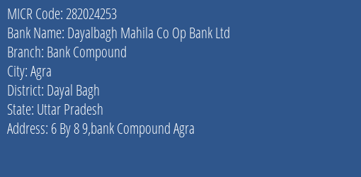 Dayalbagh Mahila Co Op Bank Ltd Bank Compound MICR Code