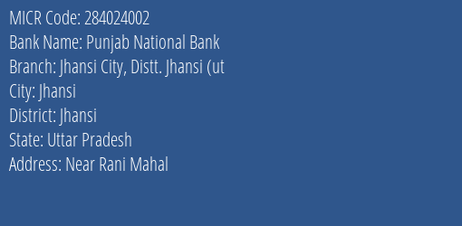 Punjab National Bank Jhansi City Distt. Jhansi Ut Branch Address Details and MICR Code 284024002