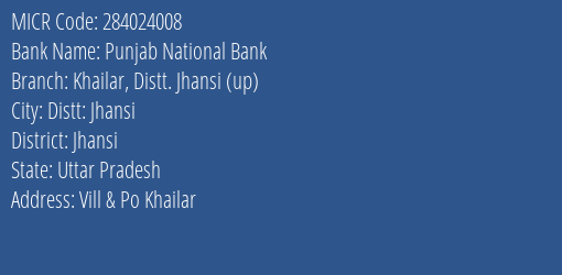 Punjab National Bank Khailar Distt. Jhansi Up Branch Address Details and MICR Code 284024008