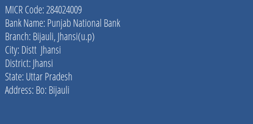 Punjab National Bank Bijauli Jhansi U.p Branch Address Details and MICR Code 284024009